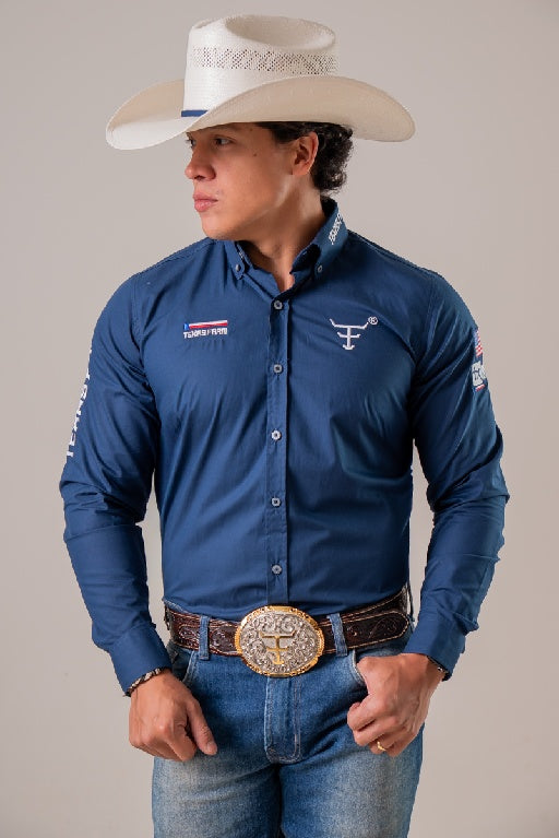 CAMISA COMPETIÇÃO MASCULINA MANGA LONGA TEXAS FARM - CP009 - AZUL MARINHO - BRANCO