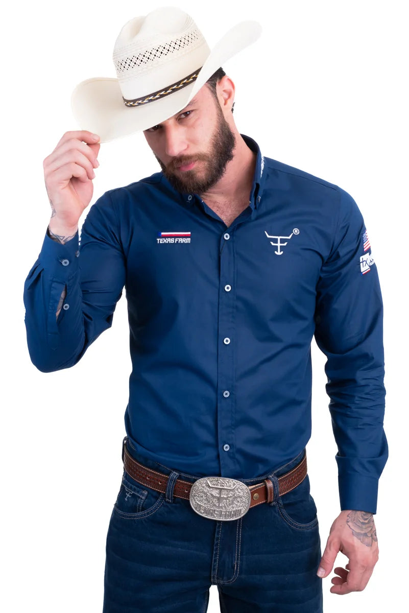 CAMISA COMPETIÇÃO MASCULINA MANGA LONGA TEXAS FARM - CP009 - AZUL MARINHO - BRANCO