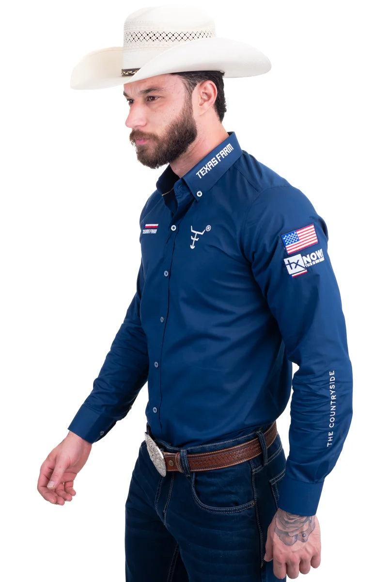 CAMISA COMPETIÇÃO MASCULINA MANGA LONGA TEXAS FARM - CP009 - AZUL MARINHO - BRANCO