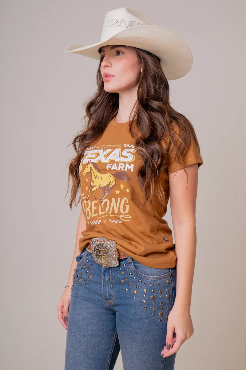 CAMISETA FEMININA TEXAS FARM - STELLAR - CF368 - MARROM CAPPUCCINO OFF-WHITE